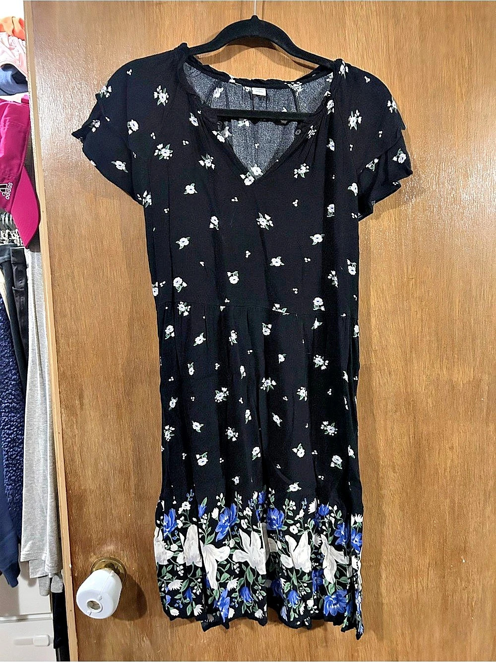 Old Navy Black Floral Midi Dress with Blue & White Border Small